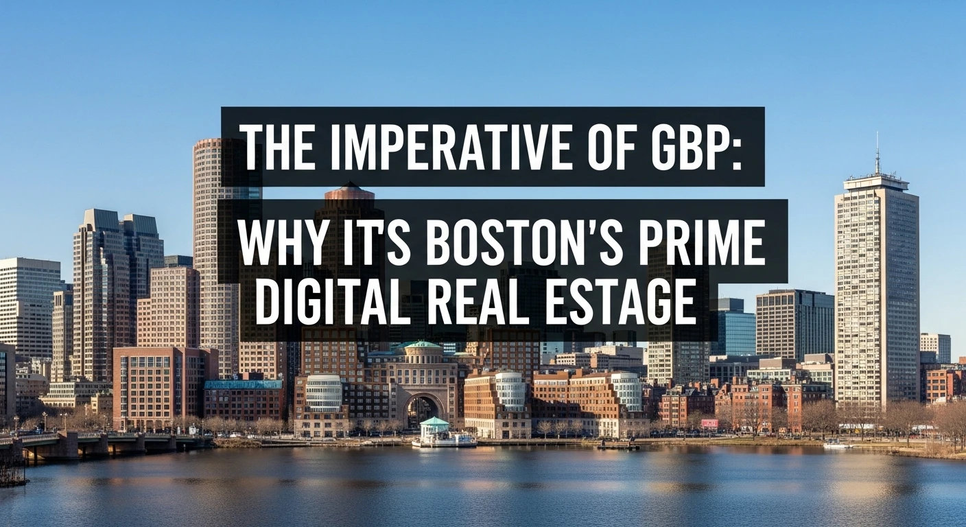 Boston skyline over water. Text overlay: The Imperative of GBP: Why It's Boston's Prime Digital Real Estate.