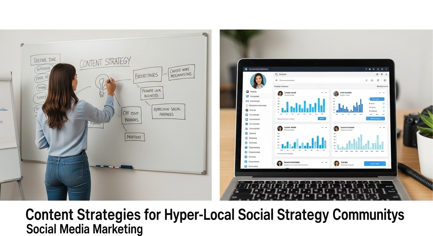 Social media marketing strategy. Woman drawing content strategy on whiteboard. Laptop with social media analytics dashboard.