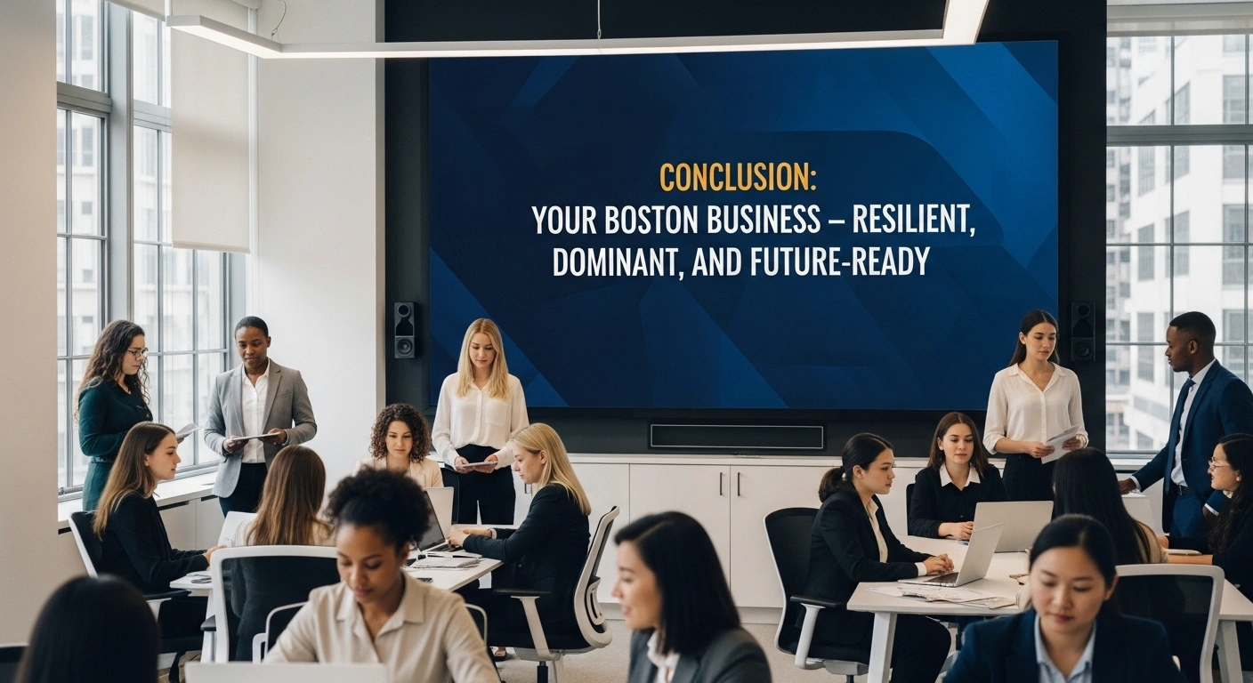 Diverse business team in a meeting room. Presentation on screen: Your Boston Business - Future-Ready.