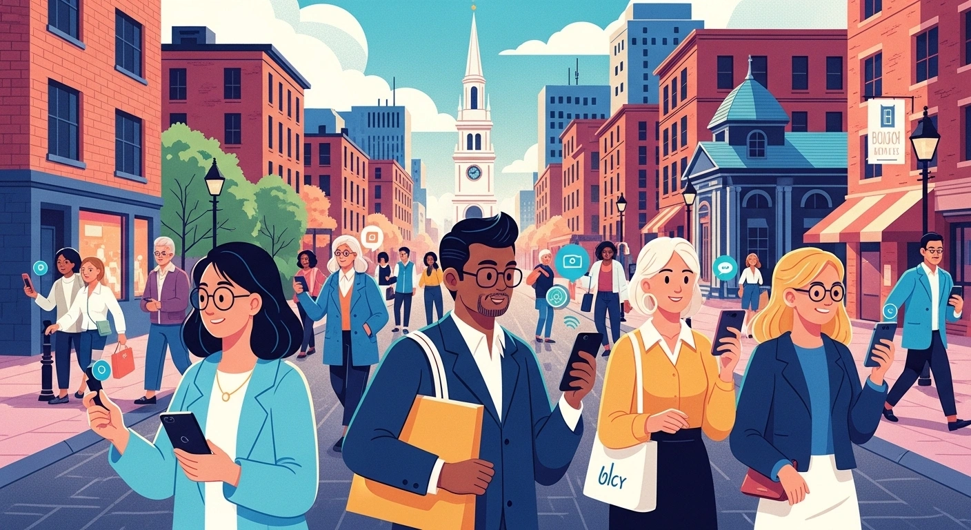 Diverse people using smartphones in city street. Technology and communication concept. Urban lifestyle.