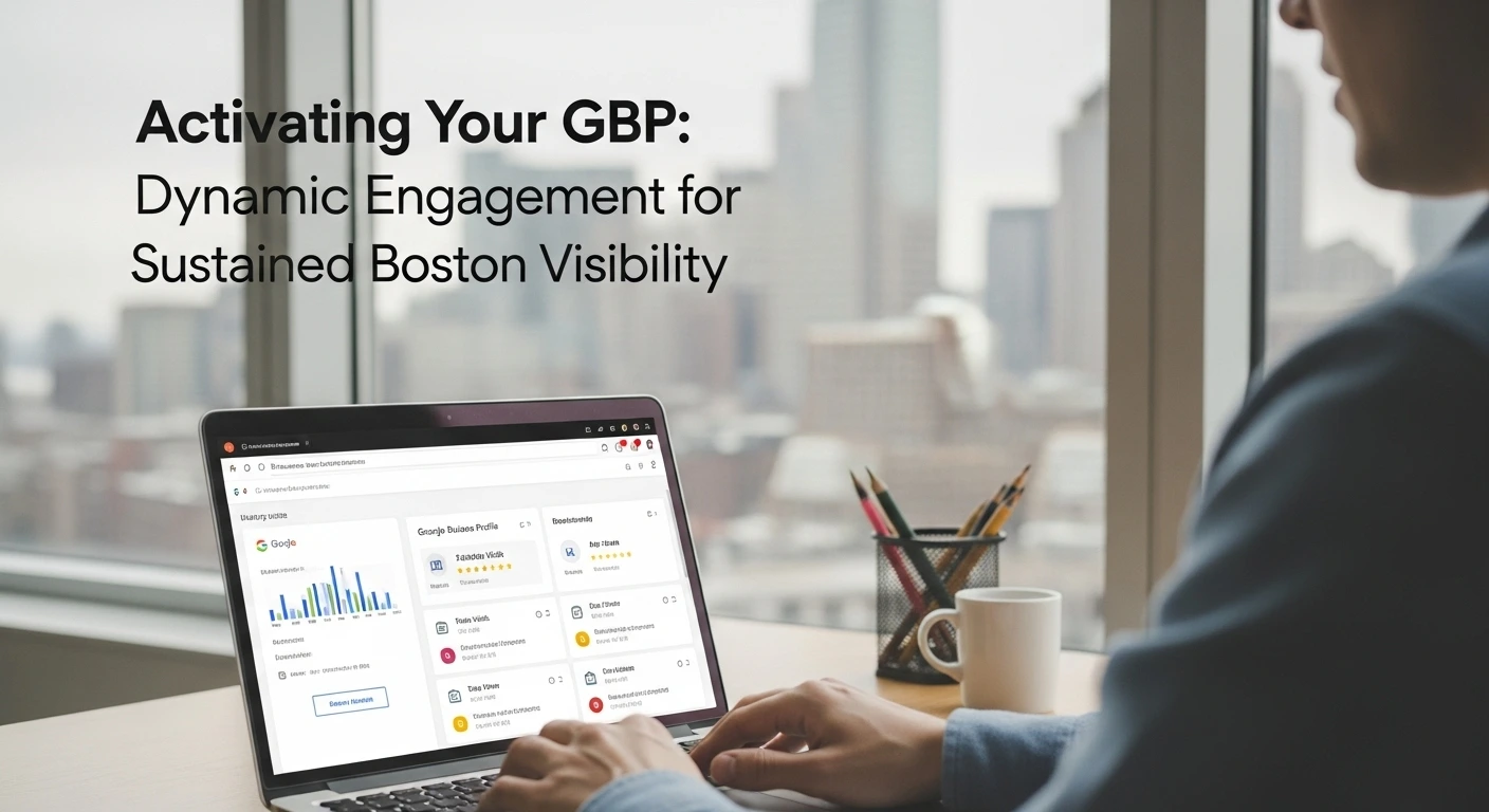 Man uses laptop for Google Business Profile management. Boston city view, office setting. Digital marketing for local business.