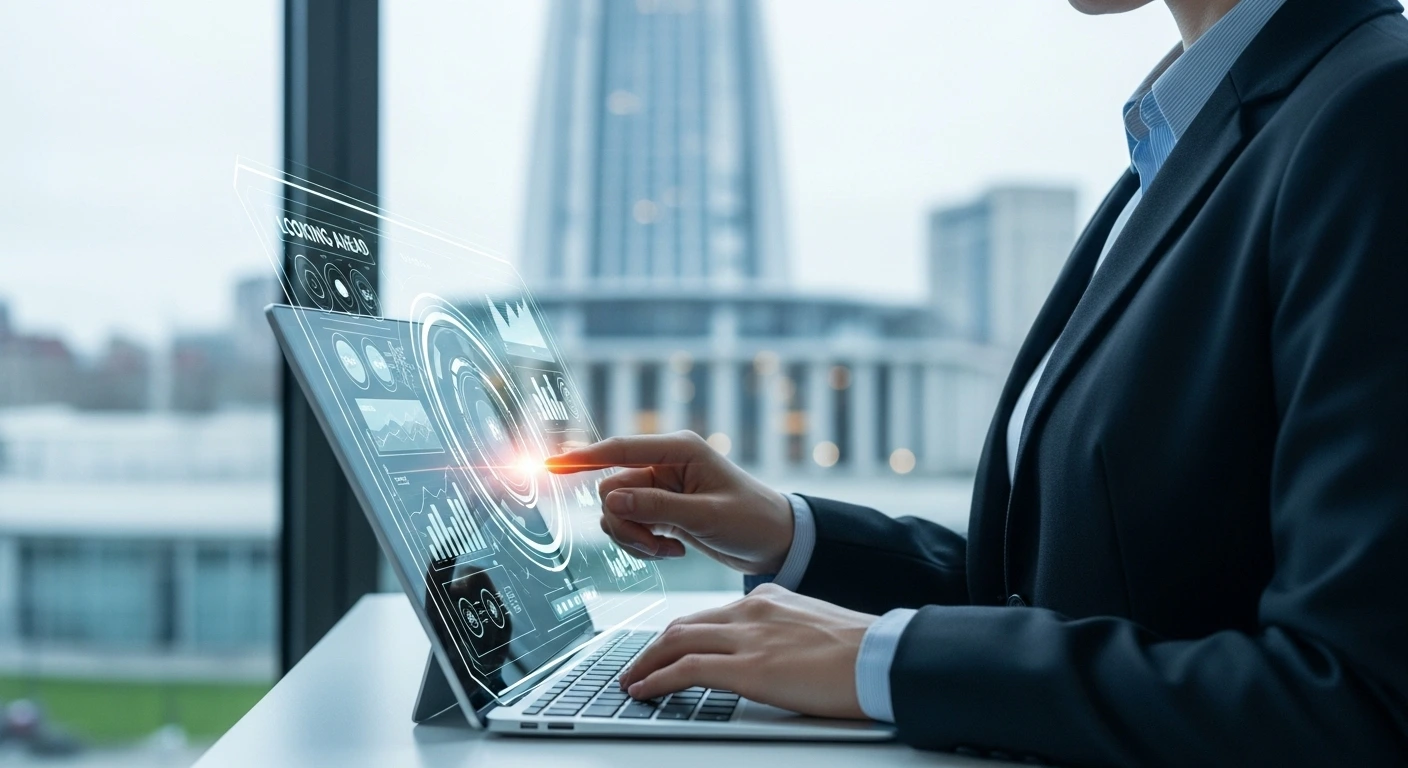 Businesswoman using laptop with digital interface. Technology, data analysis, and business concept.