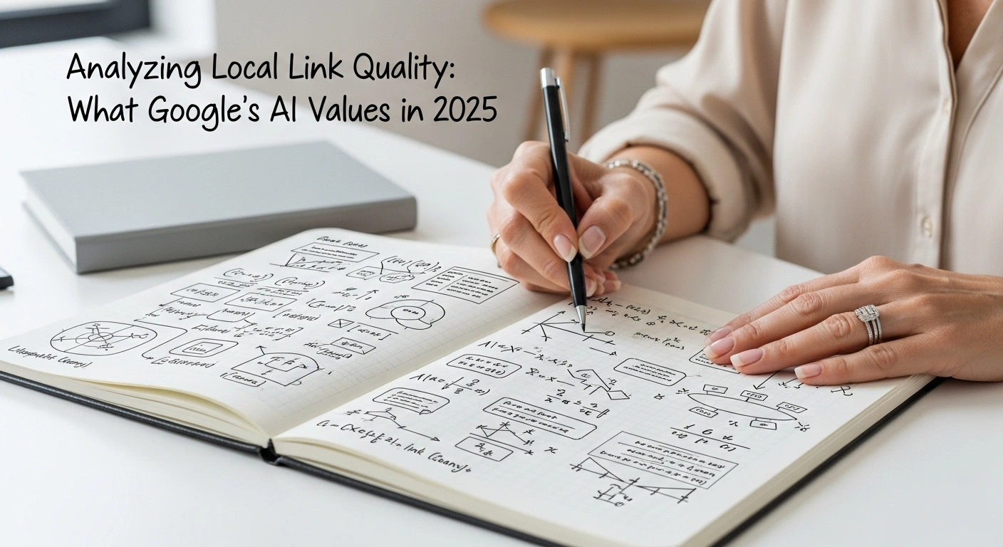 Analyzing local link quality. Woman writing Google AI values in 2025 in notebook. SEO concept.