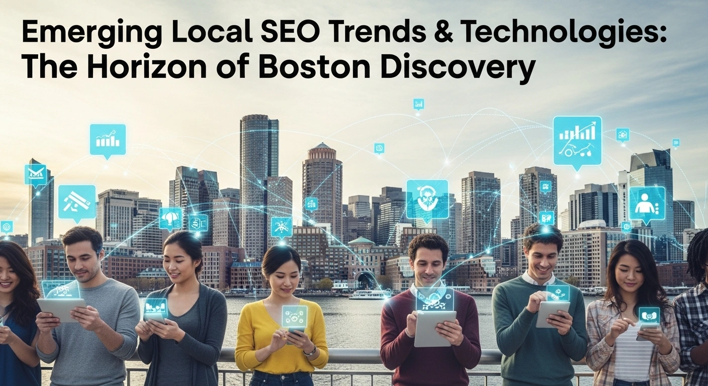 Local SEO trends: People using mobile devices with Boston skyline. Digital marketing technology concept.