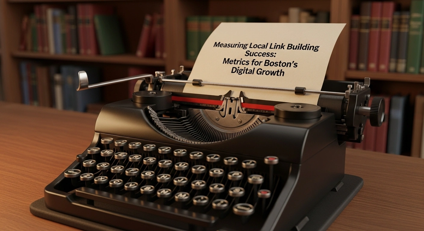 Vintage typewriter with local SEO content: Measuring Local Link Building Success: Metrics for Boston's Digital Growth.