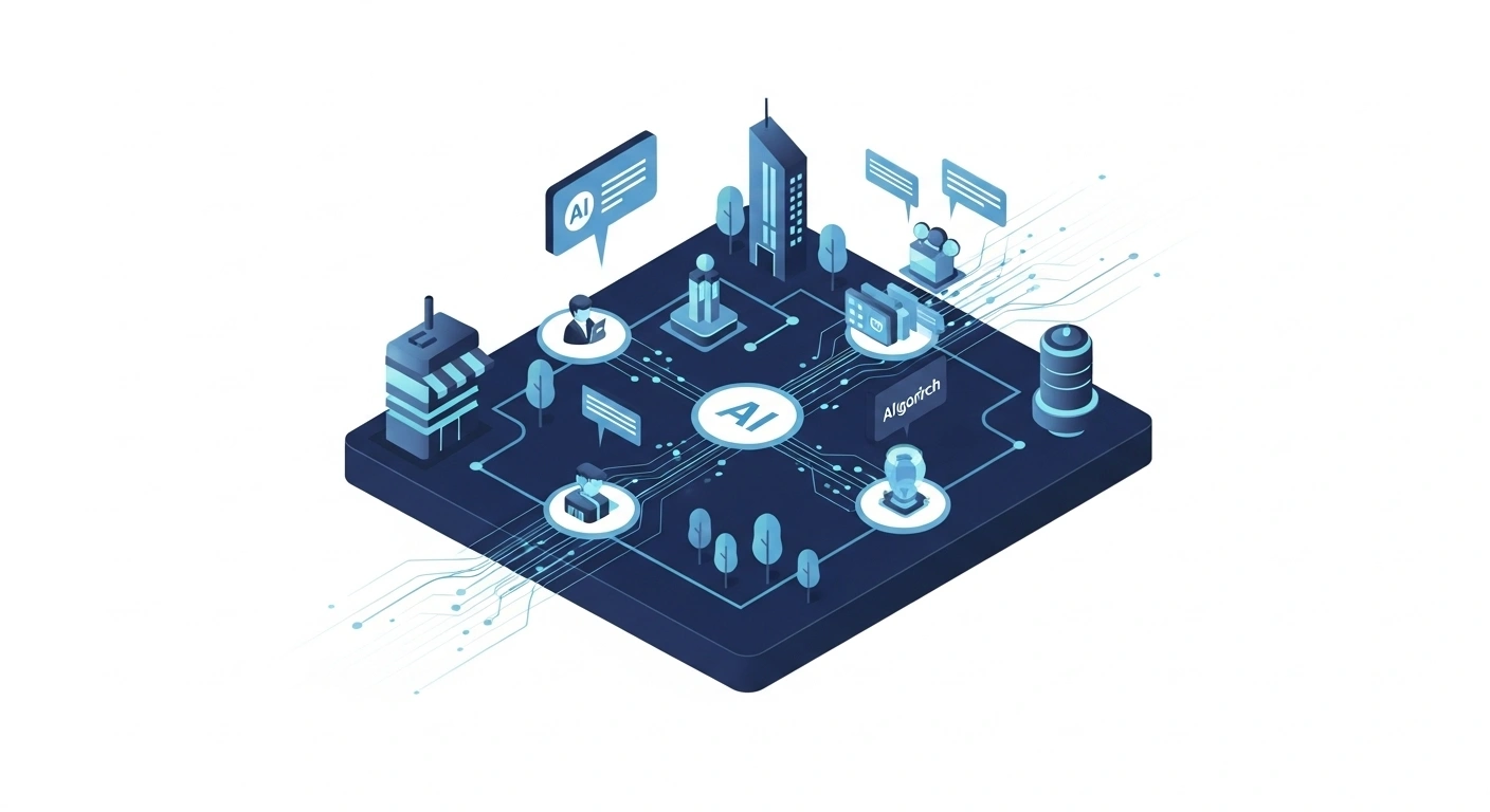 Isometric view of AI network. Artificial intelligence, algorithm, and data connections.