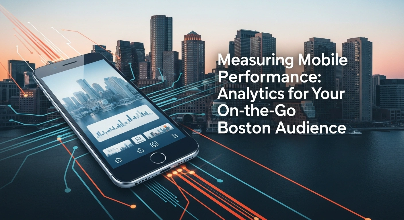 Mobile analytics on smartphone with Boston skyline background. Digital marketing for on-the-go audience.