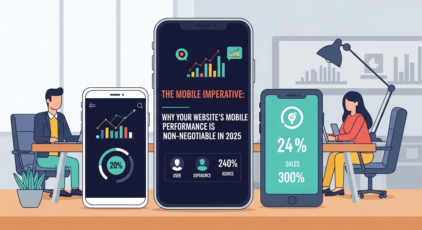 Mobile website performance. People using mobile devices, data analytics, and charts. Mobile imperative in 2025.