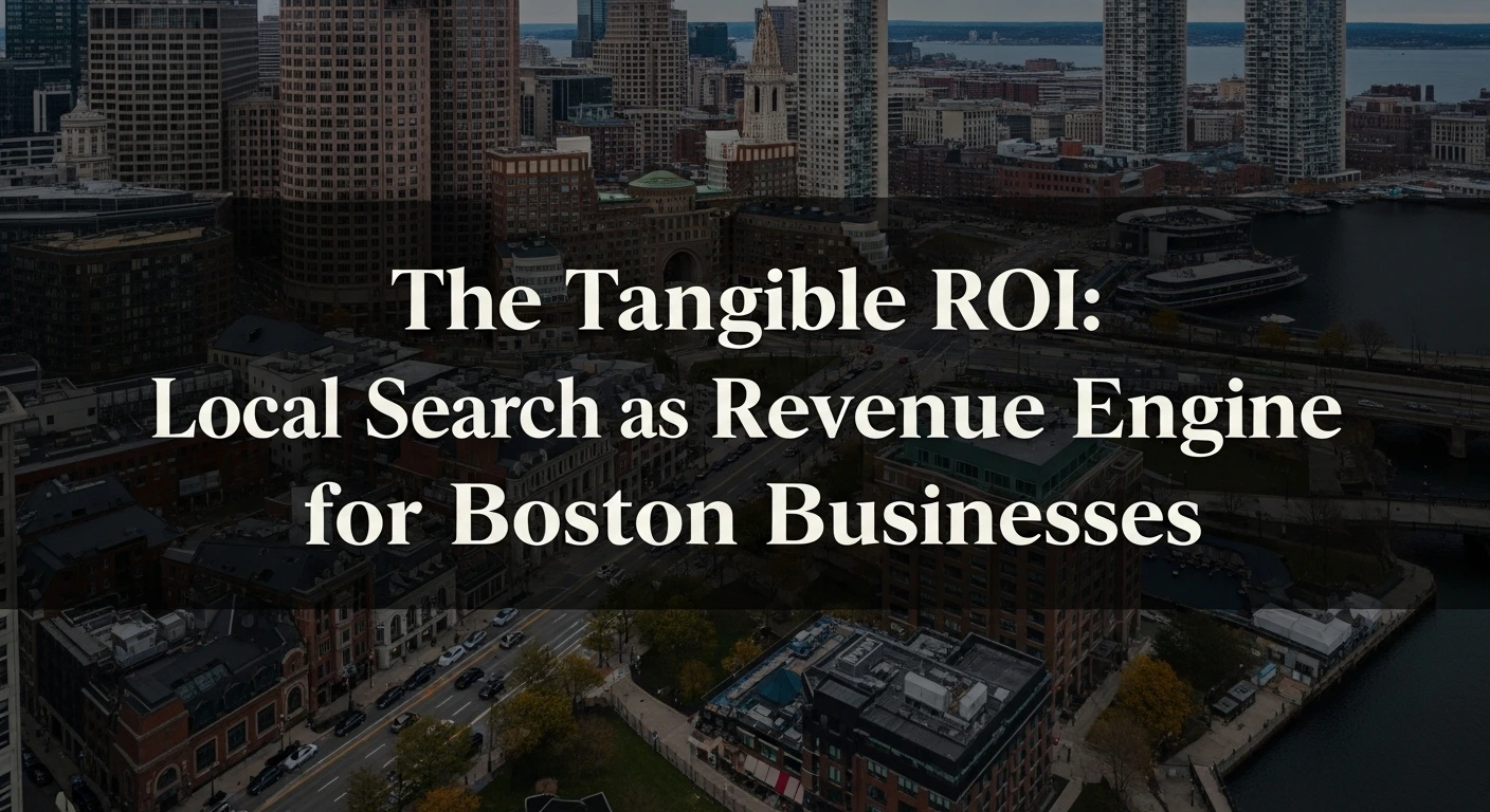 Boston city skyline with text overlay: Local search as revenue engine for businesses.