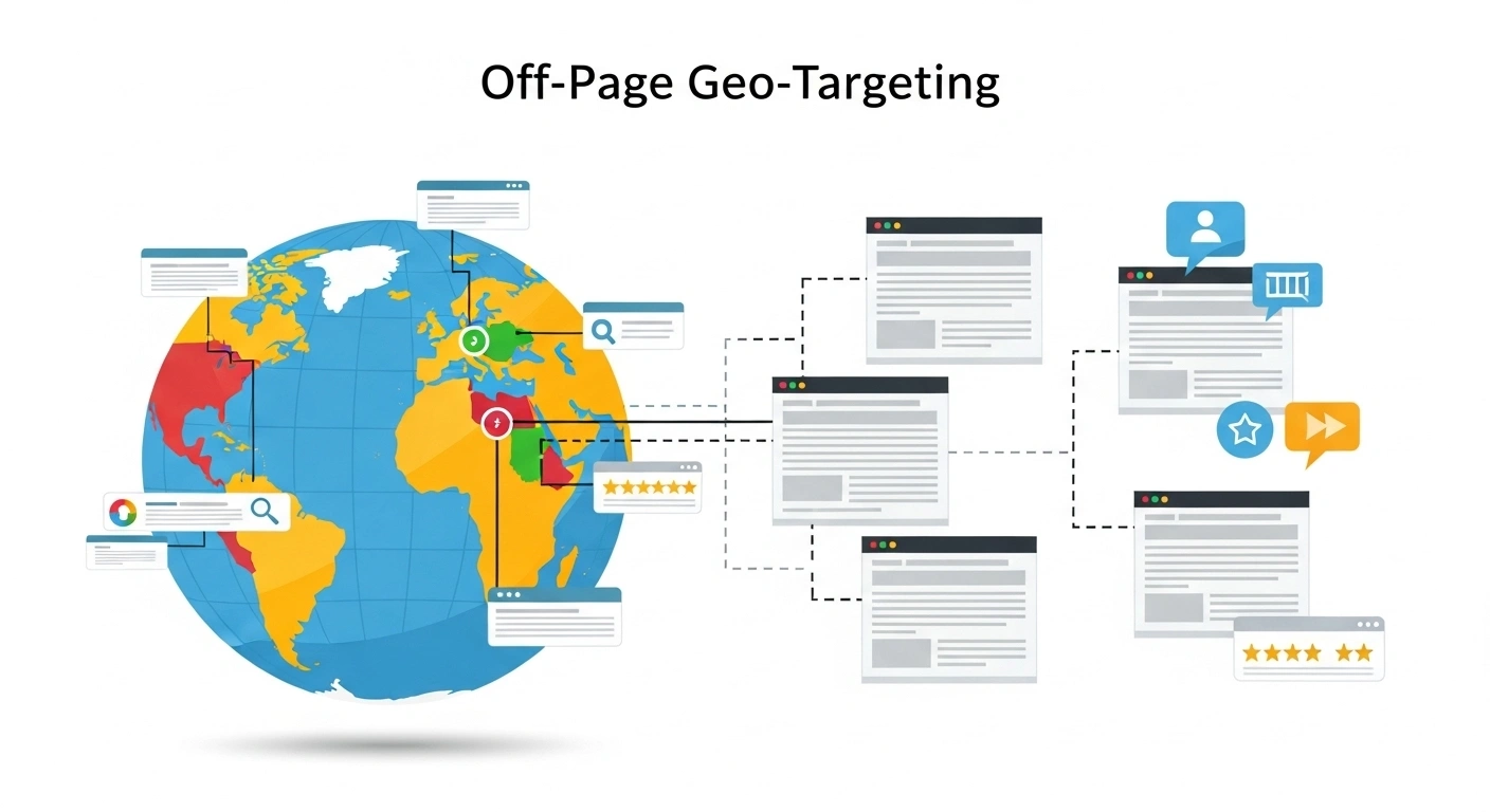 Off-page geo-targeting illustration. World map with location pins, search icons, and website pages. Geo-targeted SEO concept.