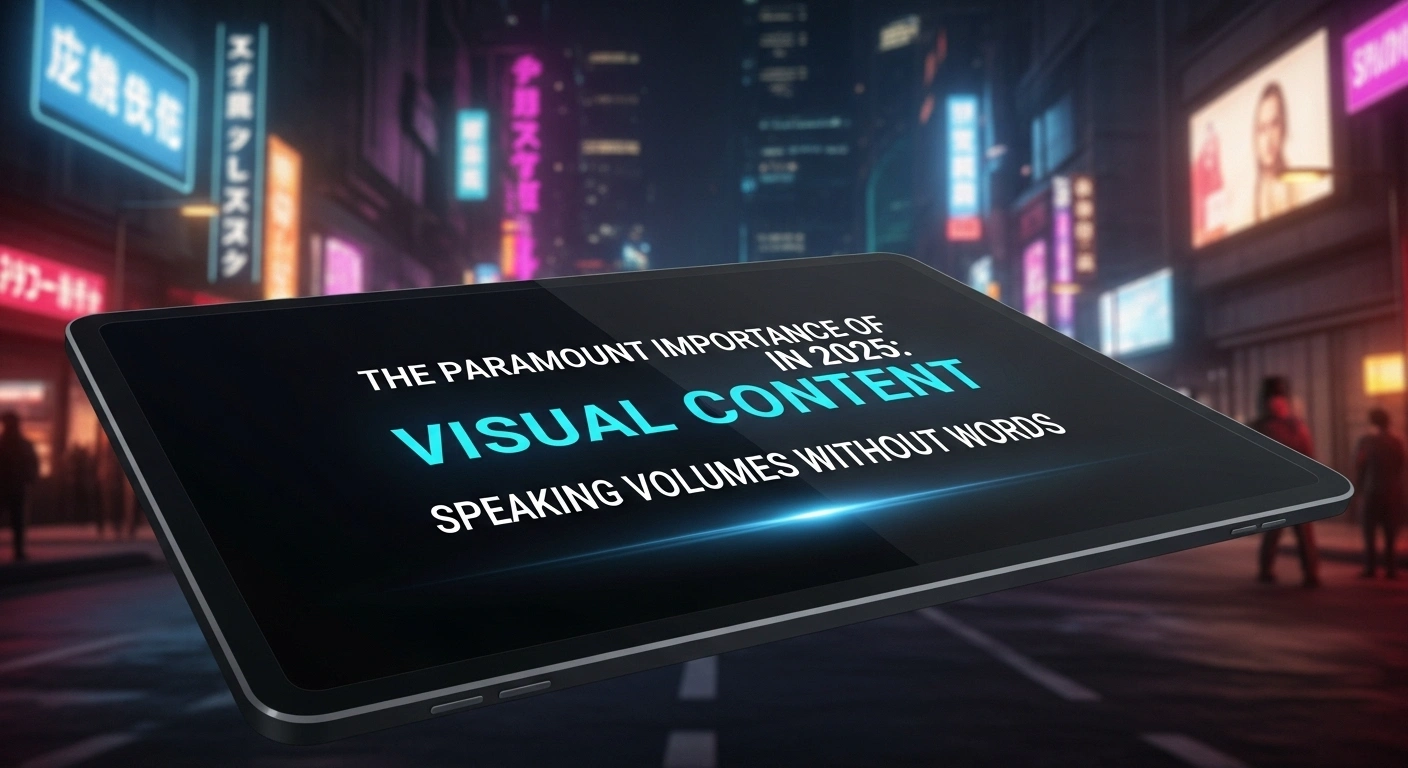 Visual content on tablet. Neon city background. Digital marketing concept.
