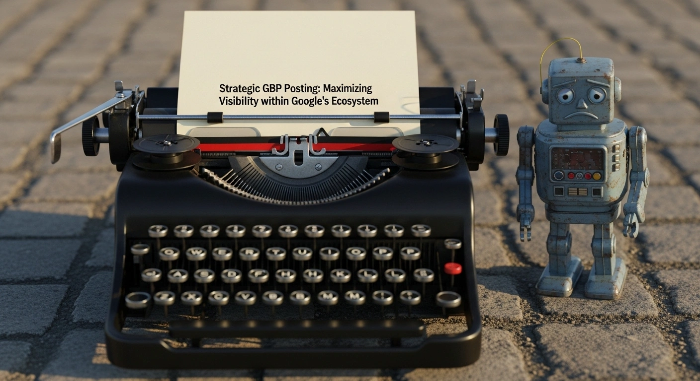 Vintage typewriter with Strategic GBP Posting text and sad robot toy. Google Business Profile marketing.