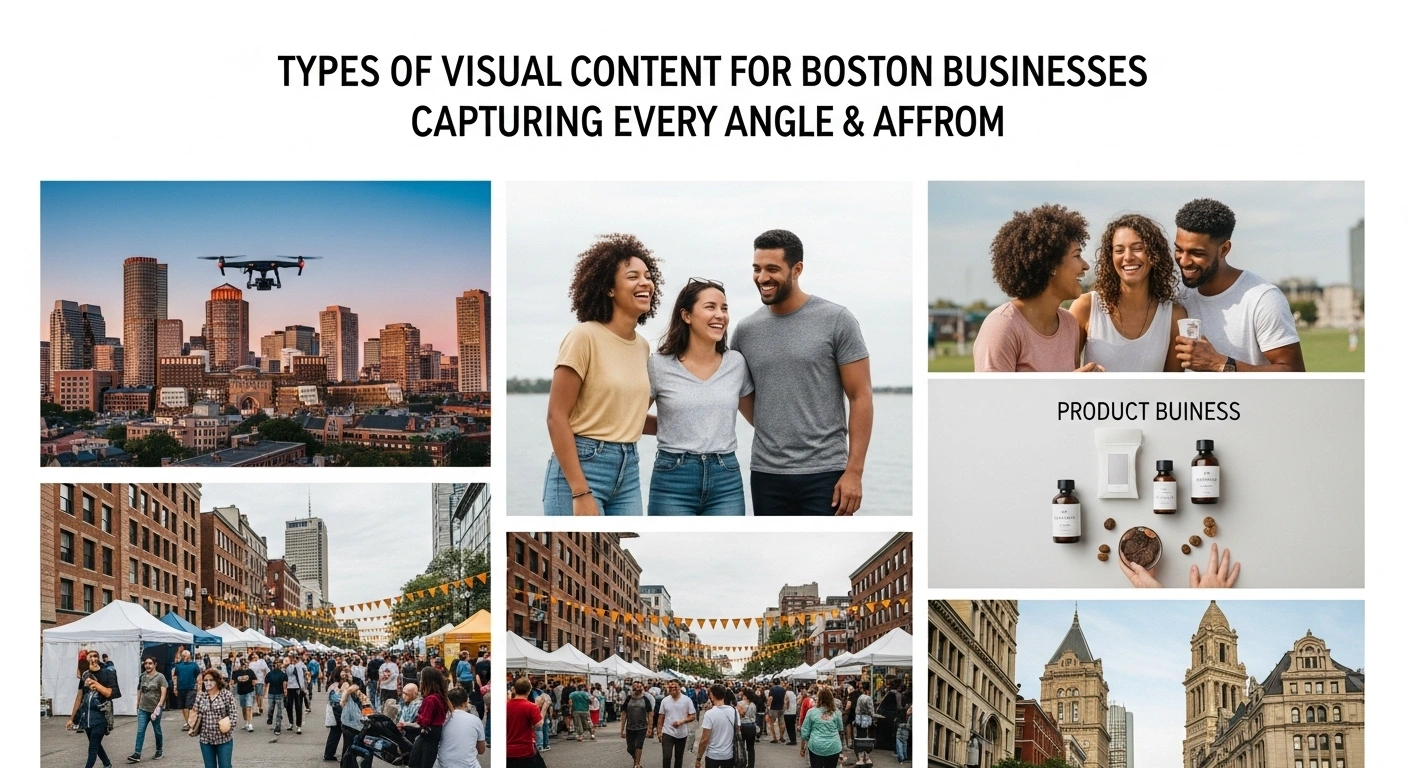 Boston business visual content: drone footage, diverse people, product photography, and cityscapes.