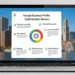 Laptop displaying Google Business Profile Optimization for Boston. Local SEO, keywords, online reviews.