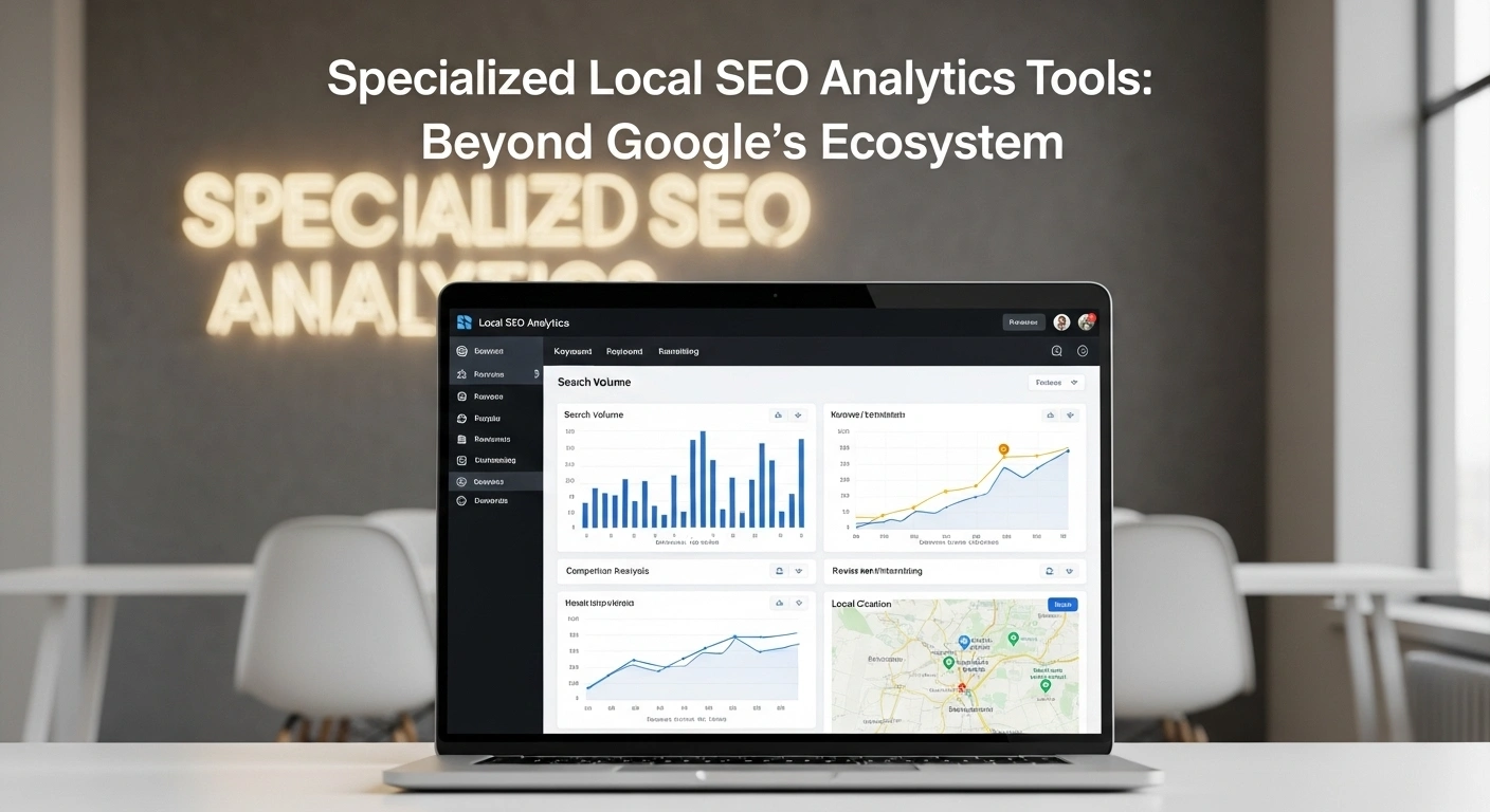 Laptop displaying local SEO analytics dashboard. Digital marketing tools.