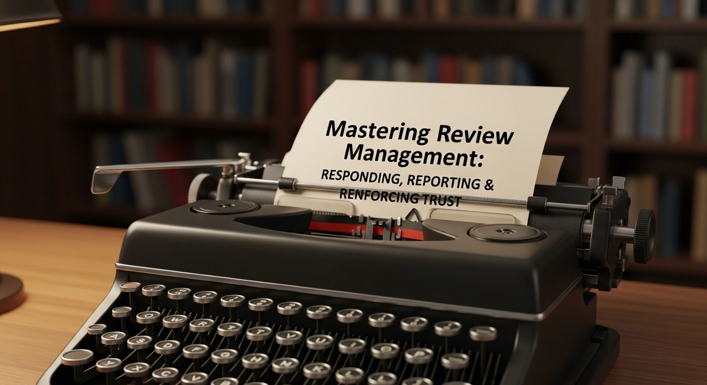 Mastering Review Management on vintage typewriter. Responding, reporting, reinforcing trust. Online reputation management.