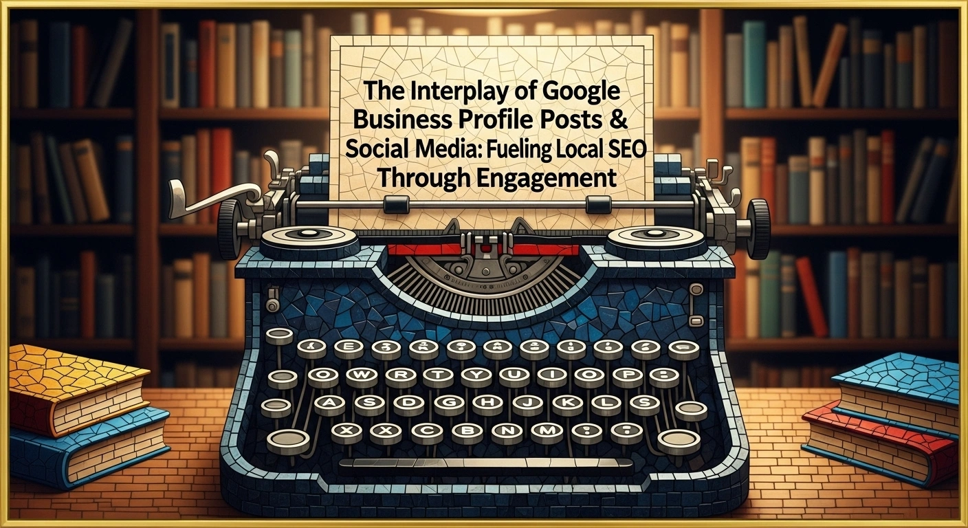 Vintage typewriter with SEO content, books, and a bookshelf. Local SEO, Google Business Profile.