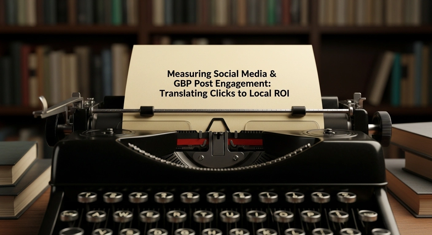 Vintage typewriter with social media & GBP post engagement text, translating clicks to local ROI. Bookshelf background.