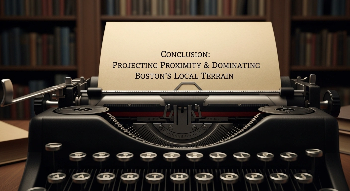Vintage typewriter with paper. Text: Conclusion: Projecting Proximity & Dominating Boston's Local Terrain.