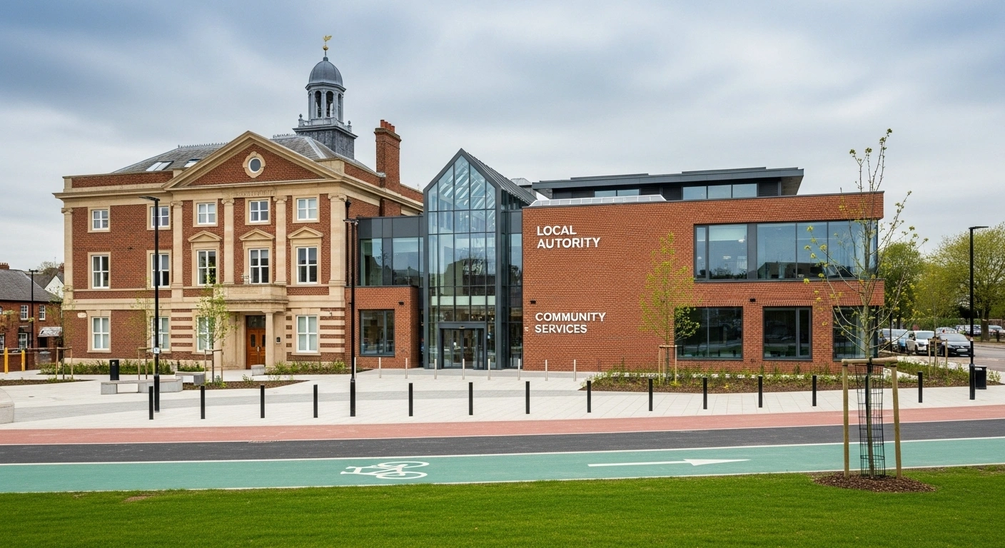 Local Authority Community Services building. Brick architecture, modern glass entrance. Green space, bike lane. Government building.
