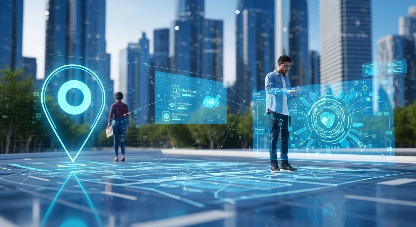 Smart city technology concept. People using digital interface, location pin, data visualization.