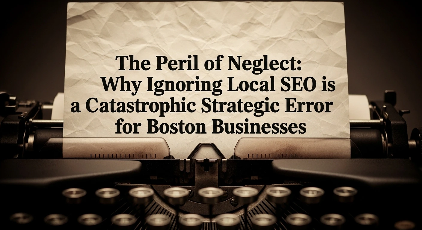 Local SEO for Boston Businesses: Typewriter with The Peril of Neglect headline. Strategic SEO error.