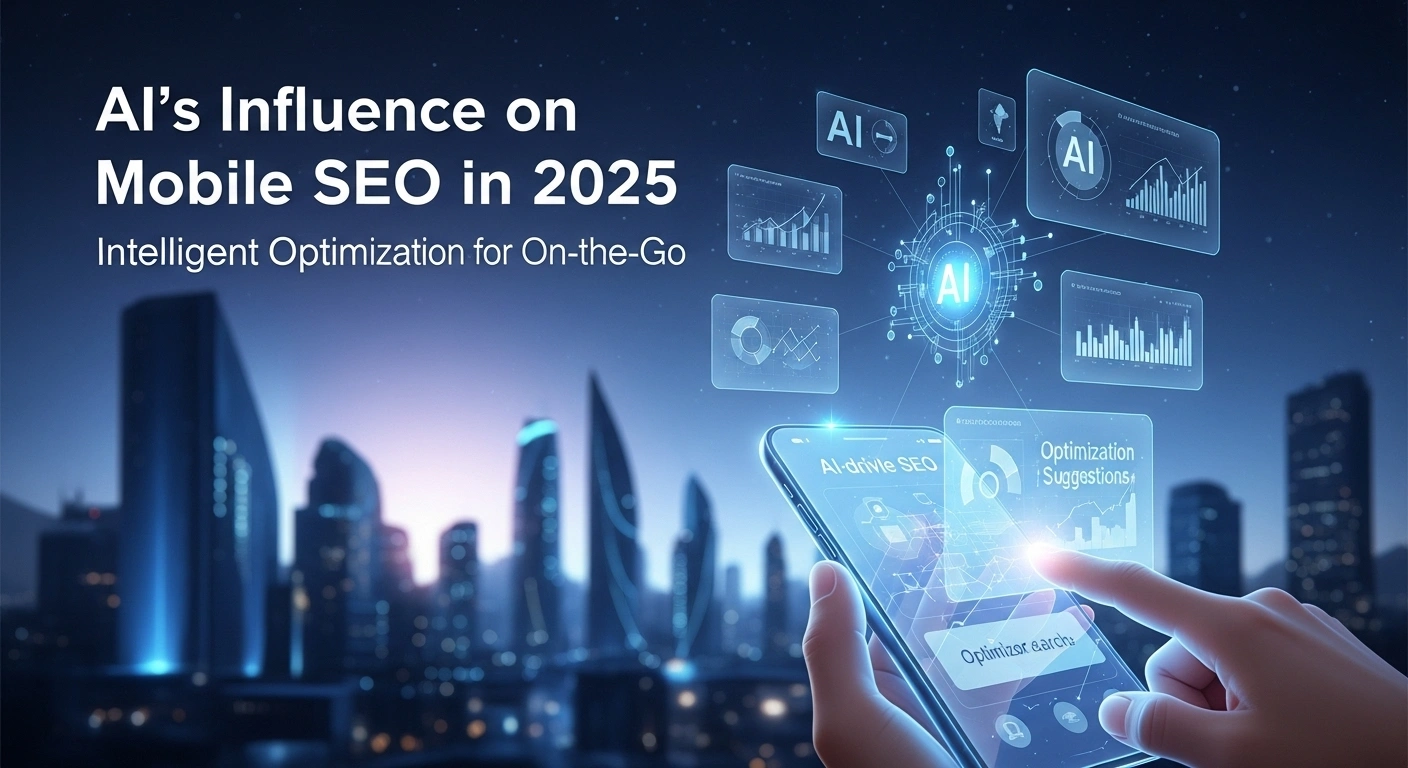 AI Mobile SEO in 2025. Hand using phone with AI optimization. Intelligent on-the-go optimization. AI influence on SEO.