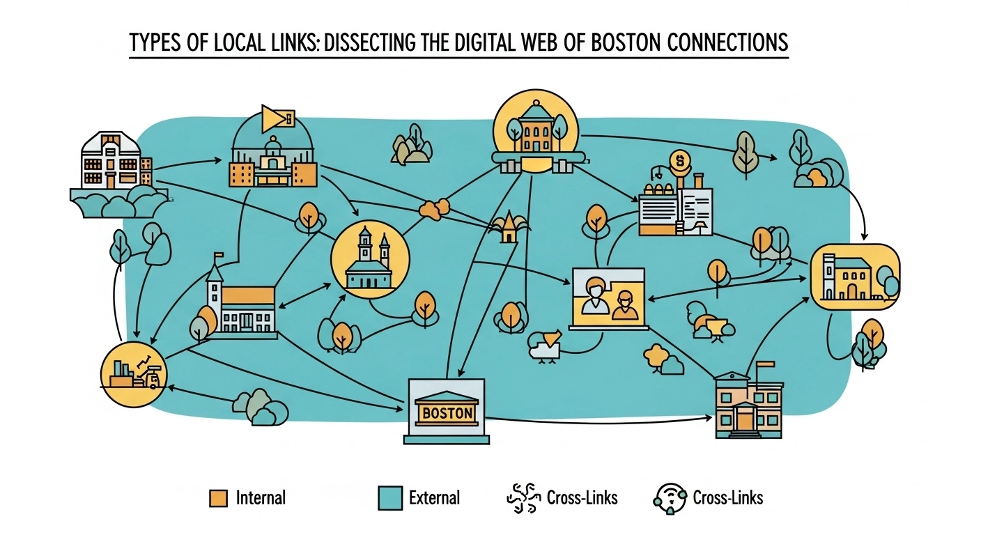 Boston digital web connections. Local links diagram with buildings, trees, and arrows. Internal, external, and cross-links.
