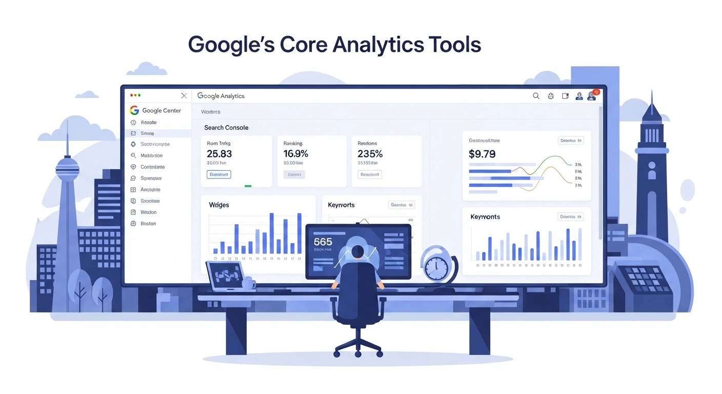 Google Analytics tools dashboard. SEO analytics, search console, website data analysis. Digital marketing and business intelligence insights.