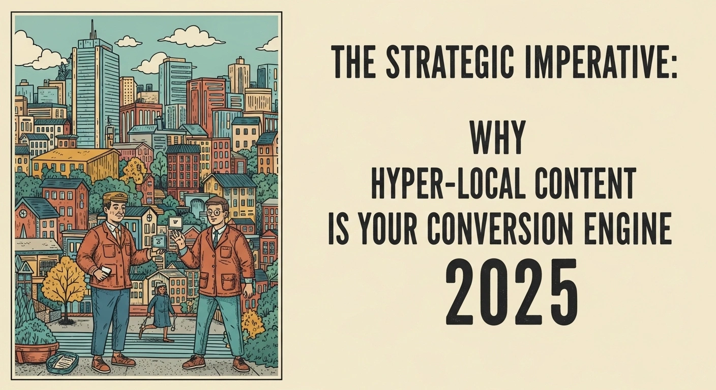 Hyper-local content marketing: Illustration of city scene with two men holding digital devices. Why hyper-local content is your conversion engine.