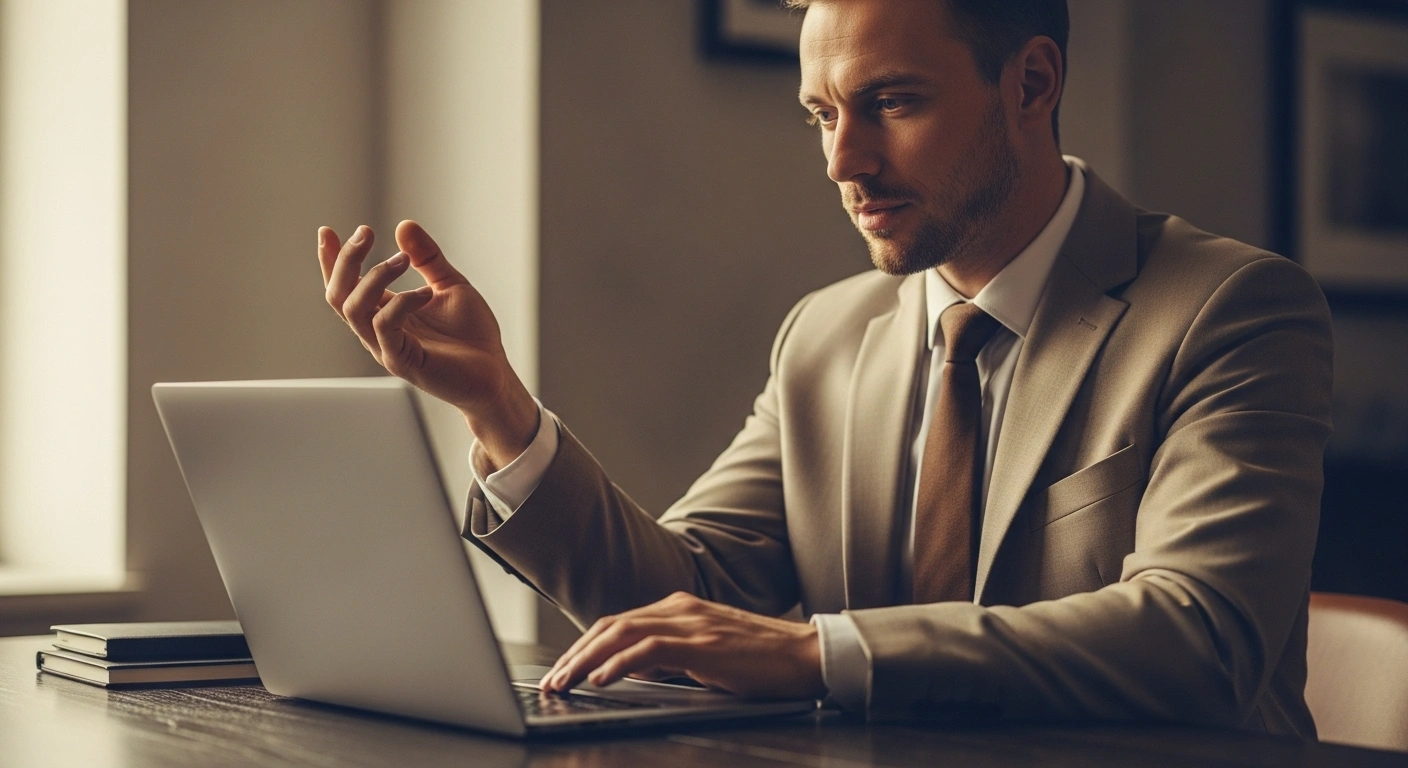 Professional man in suit working on laptop. Business meeting, online work concept.