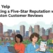 Boston customer reviews illustration. People using laptops with the Boston skyline in the background. Online reputation management.
