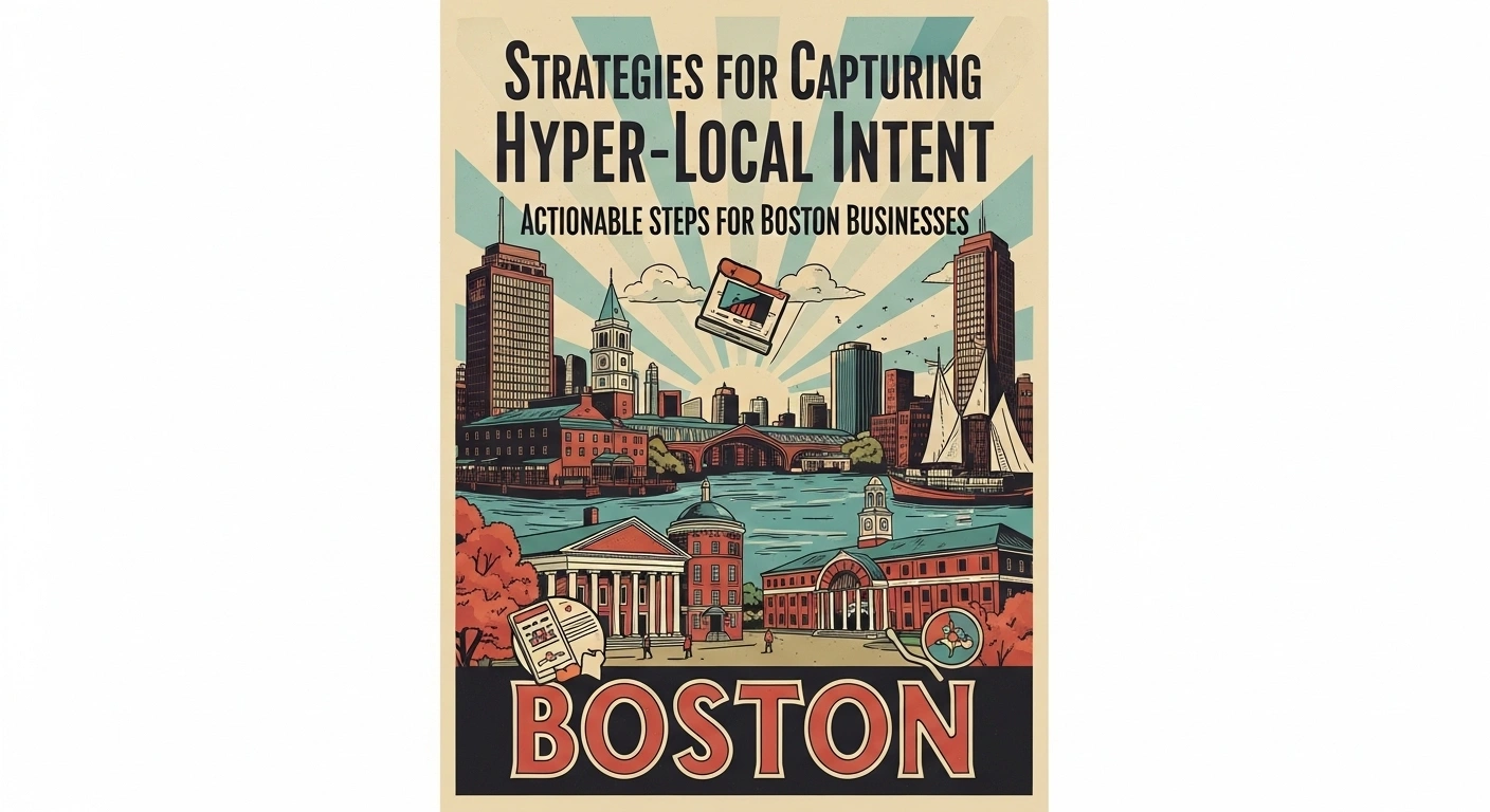 Boston hyper-local intent strategies. Retro poster design featuring Boston skyline, buildings, and actionable business steps.