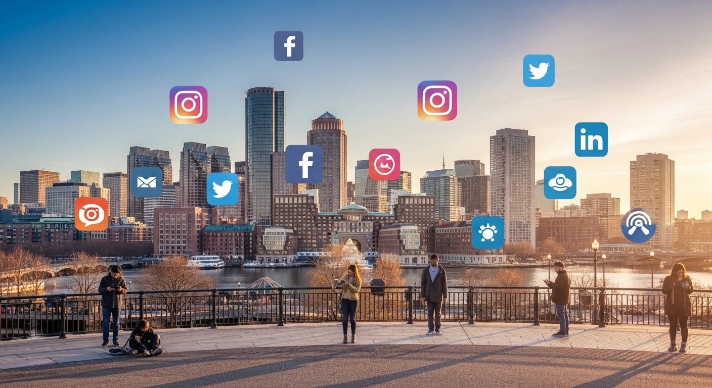 Boston skyline with social media icons. People using mobile devices. Digital marketing concept.