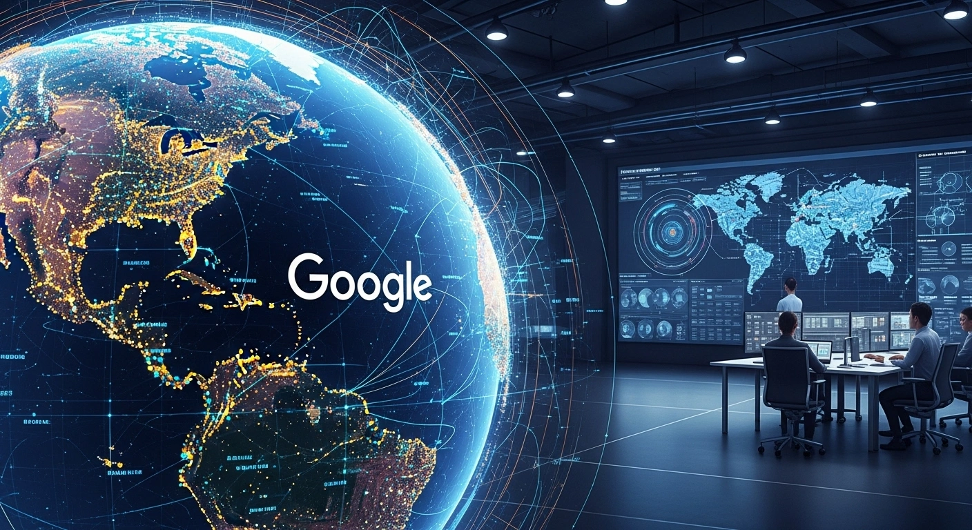 Google global network. Data center with world map, servers, and network monitoring.