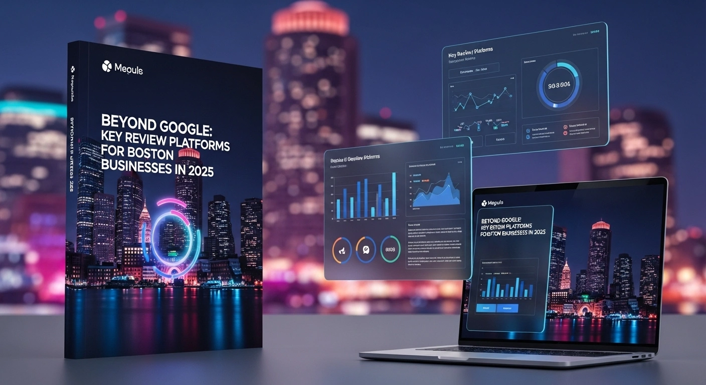 Boston business review platforms ebook and laptop. Key review platforms for Boston businesses in 2025. Digital marketing graphs.