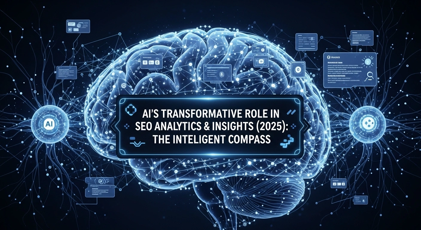 AI in SEO analytics. Brain graphic with interconnected nodes and data points. Intelligent compass for insights.