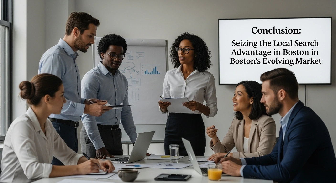 Business meeting. Diverse team collaborating on local search advantage in Boston. Presentation on evolving market strategy.