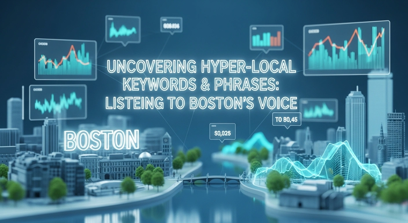 Boston hyper-local keywords & phrases. Cityscape with data charts and graphs. Digital marketing in Boston.