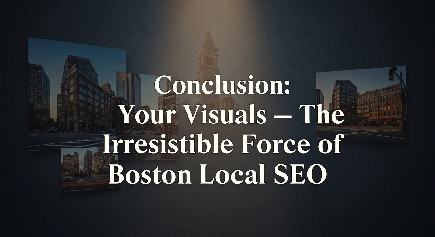 Boston local SEO visuals. Cityscape with buildings and a clock tower. Conclusion: Your visuals - the irresistible force of Boston local SEO.