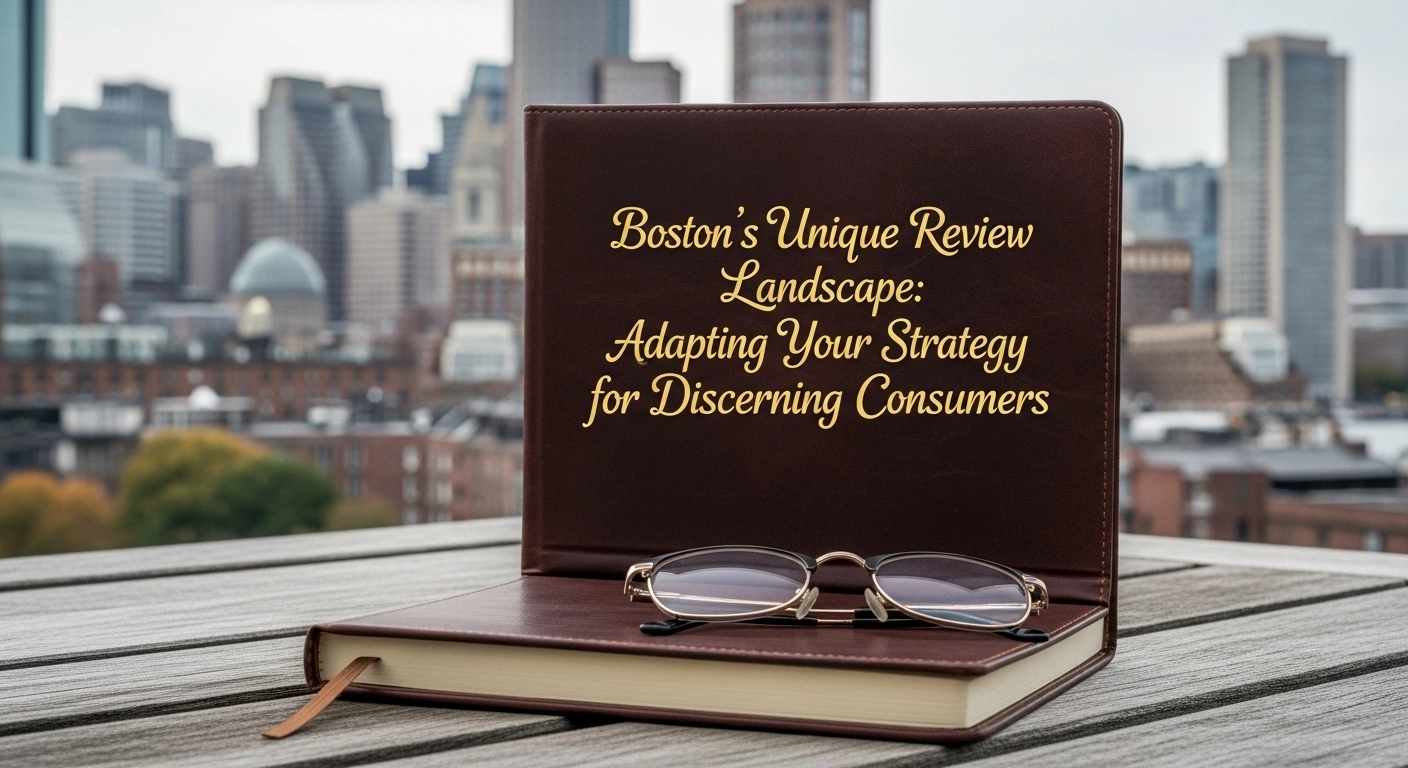 Boston review landscape book with glasses. Adapting strategy for discerning consumers. City skyline background.