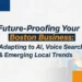 Future-Proofing Boston Business: AI, Voice Search, Local Trends. Boston skyline and AI tech graphic.
