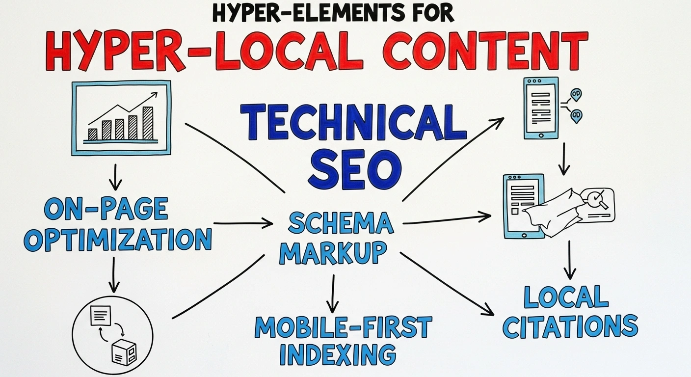 Technical SEO elements: On-page optimization, schema markup, mobile-first indexing, local citations. Hyper-local content.