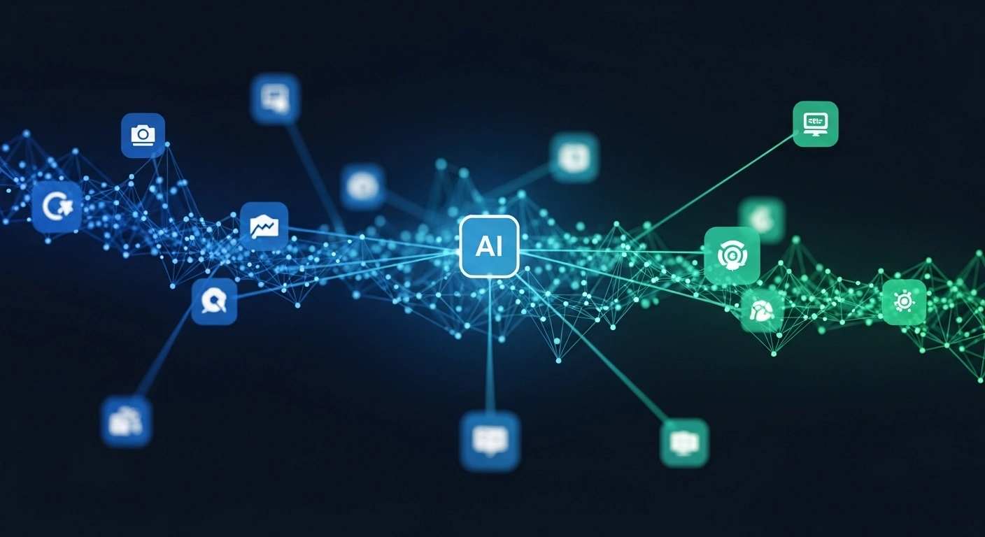 AI network. Abstract illustration of artificial intelligence connecting icons with glowing nodes and lines.