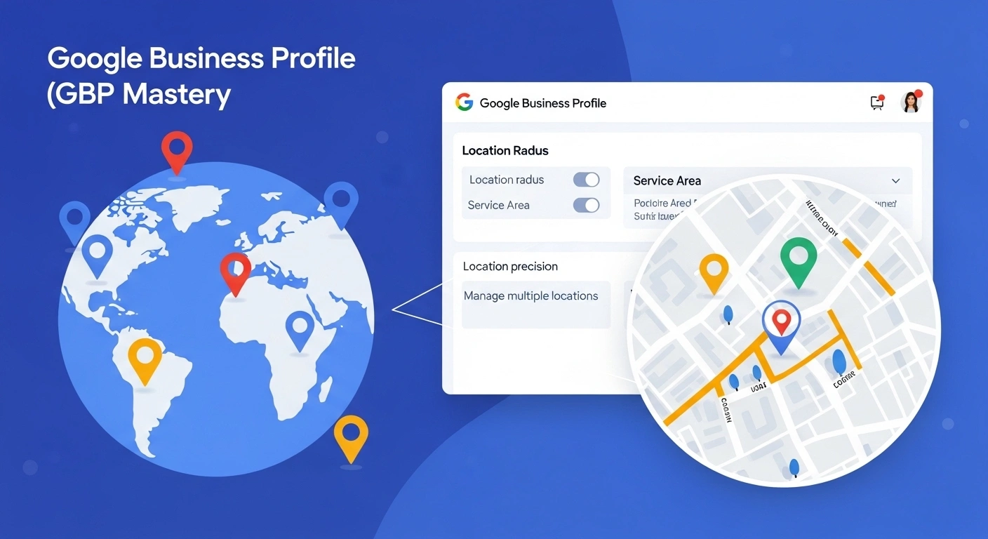 Google Business Profile (GBP) Mastery: Map of locations, location radius, and service areas. Manage multiple locations.