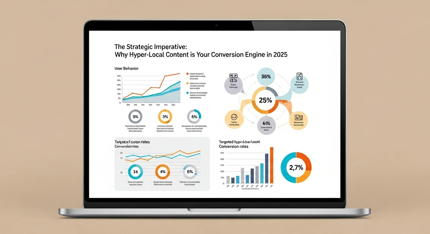 Laptop displaying hyper-local content conversion data. Charts, graphs, and percentages are visible. SEO, marketing, and analytics data.