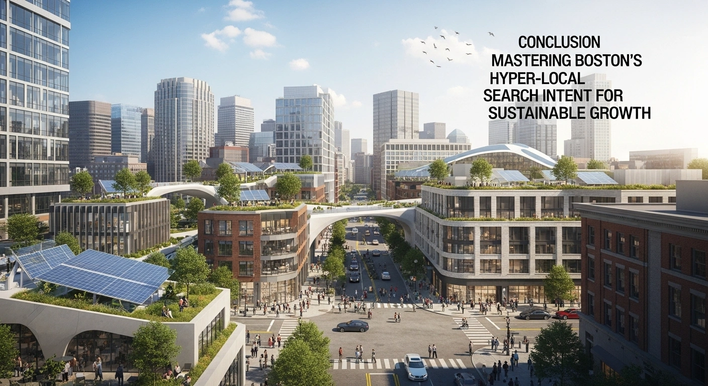 Boston cityscape with modern buildings, solar panels, green roofs, pedestrian bridge, and street-level activity.