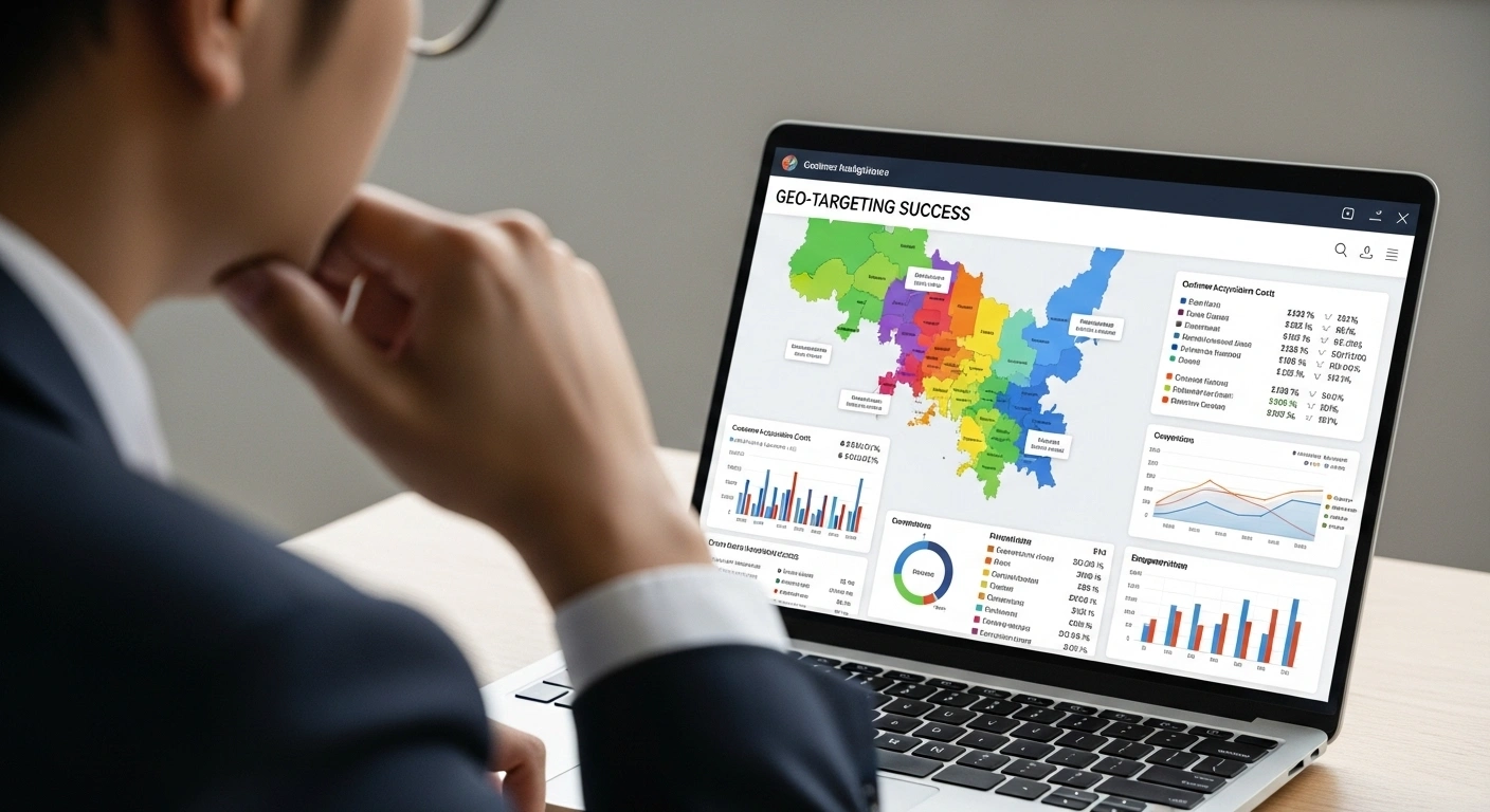 Man analyzes geo-targeting success on laptop. Charts, graphs, and a colorful map display data analytics. Business intelligence shown.